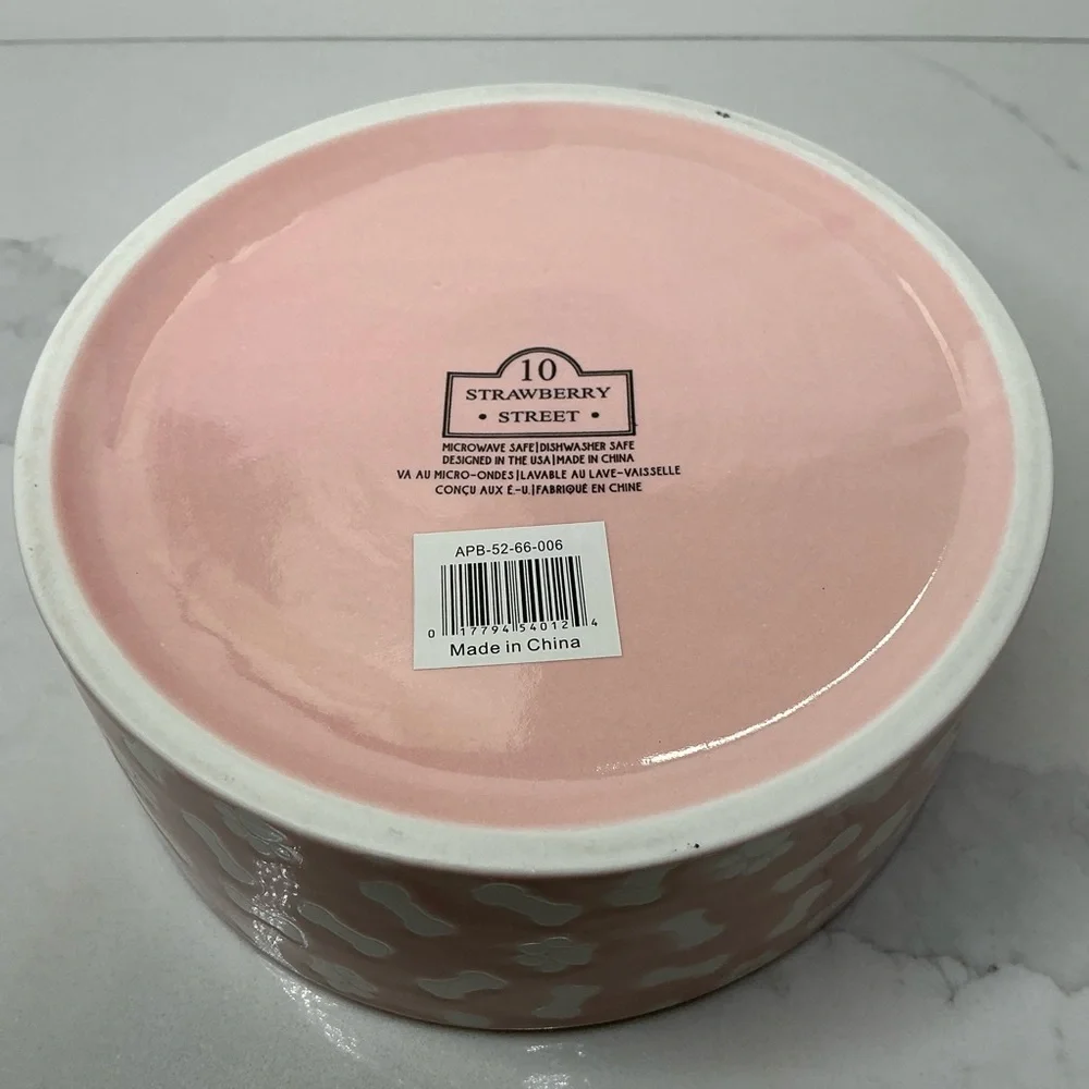 Stoneware Dog Bowl Pink Bones & Paw Print 6” Microwave & Dishwasher Safe New